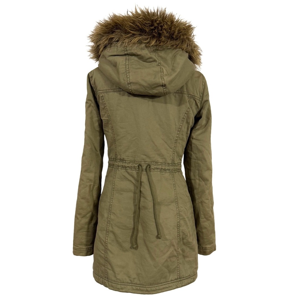 Hollister Women's Olive Green Faux Fur Hood Cotton Parka Jacket Size S Y2K - Picture 4 of 8